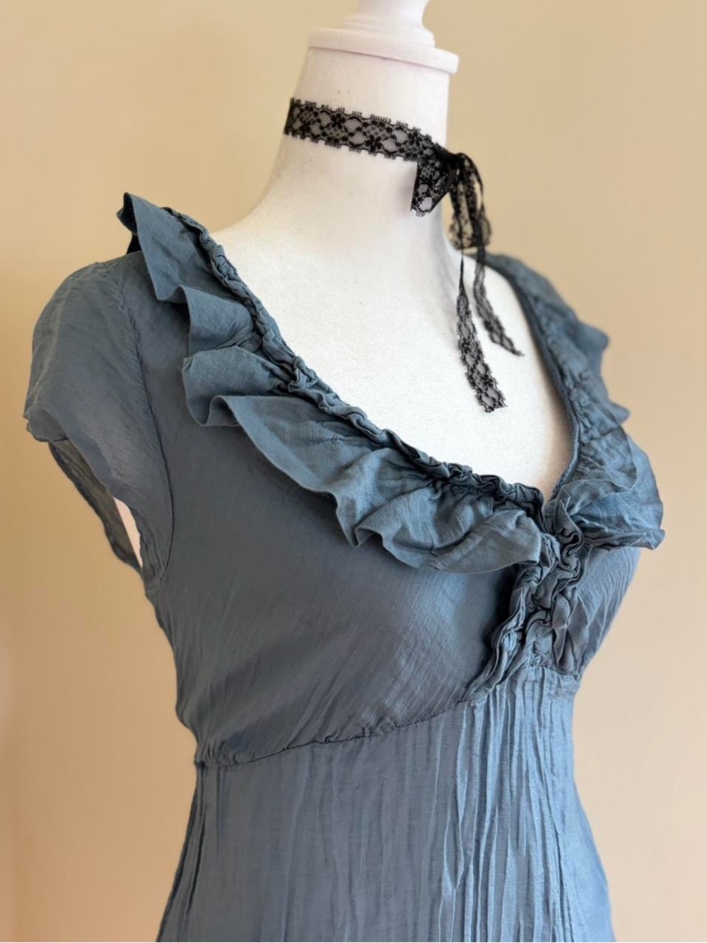 Vintage Italian silk dress mini babydoll blue ruffle coquette Y2K European M - Picture 3 of 10